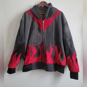Amkha Red and Black Flame Bomber Jacket Full Zip Denim Coat Mens XL